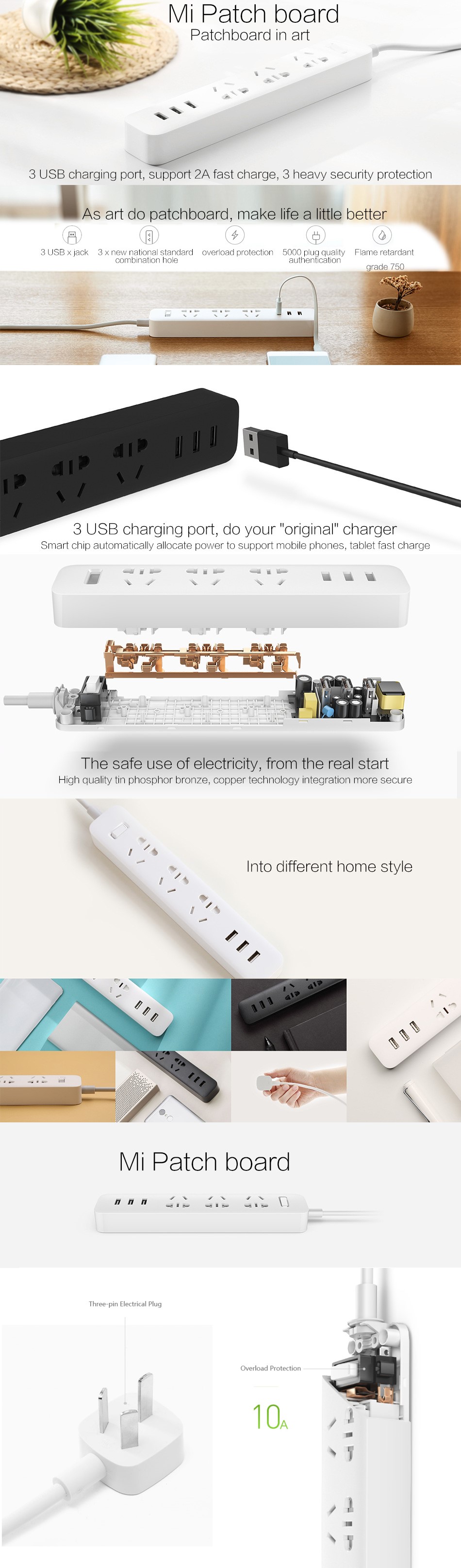 White Xiaomi Power Strip with 3 USB Ports