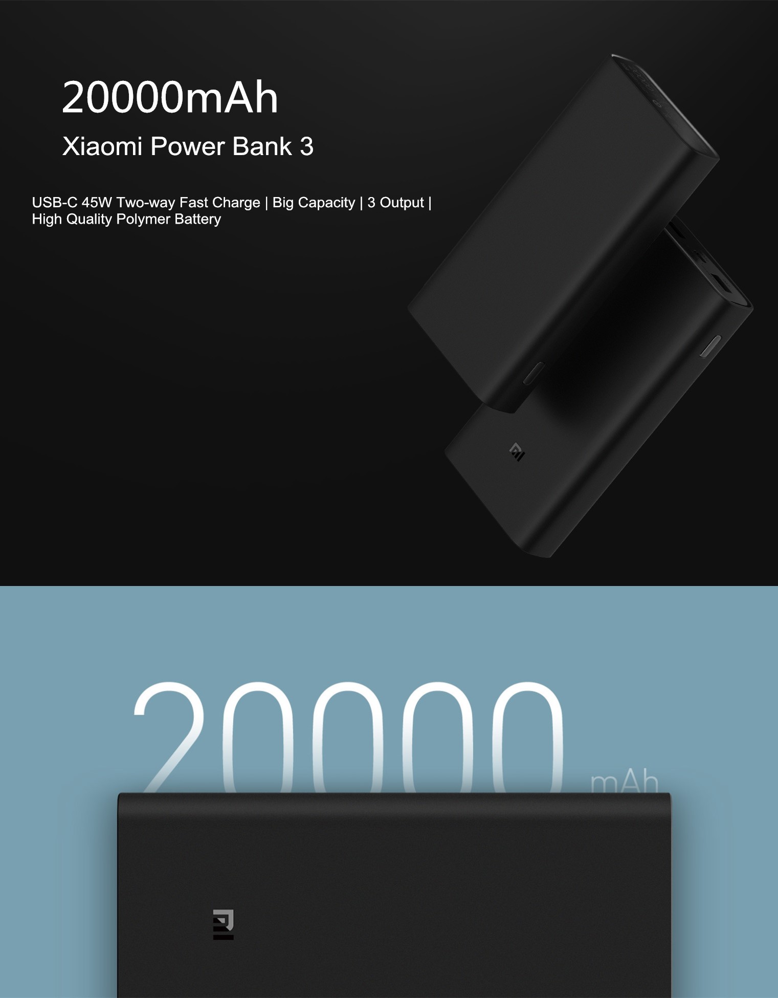 Xiaomi 3 PRO Power Bank, 20000mAh, USB-C 45W Power Delivery and