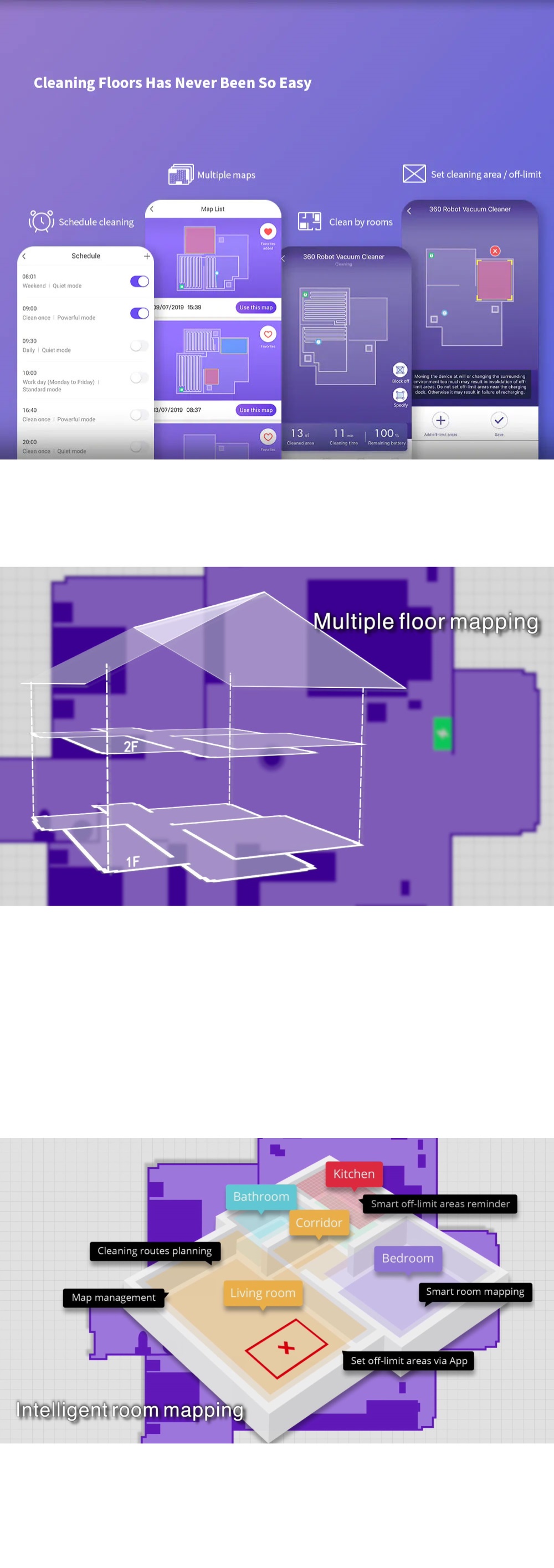 360 S7 Laser Navigation Robot Vacuum Cleaner SLAM Route Planning 2000Pa Suction Mopping Off-limit White