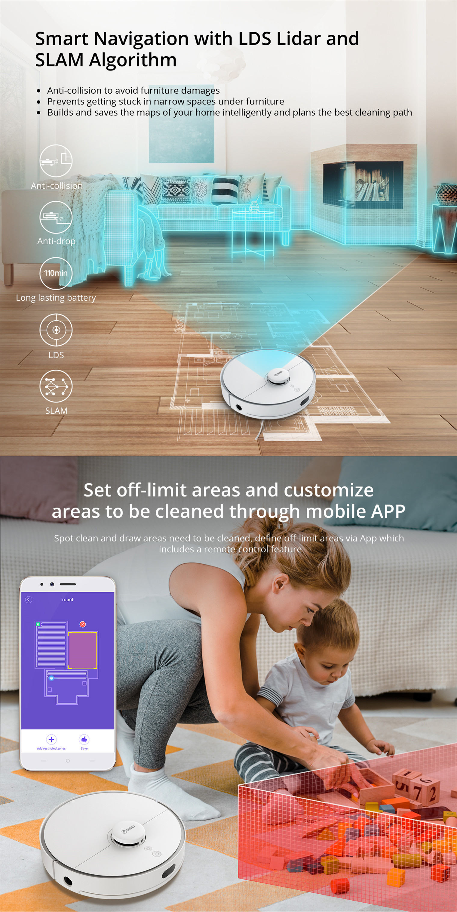360 S5 Laser Navigation Smart Room Map Robot Vacuum Cleaner Mop 2000Pa Suction