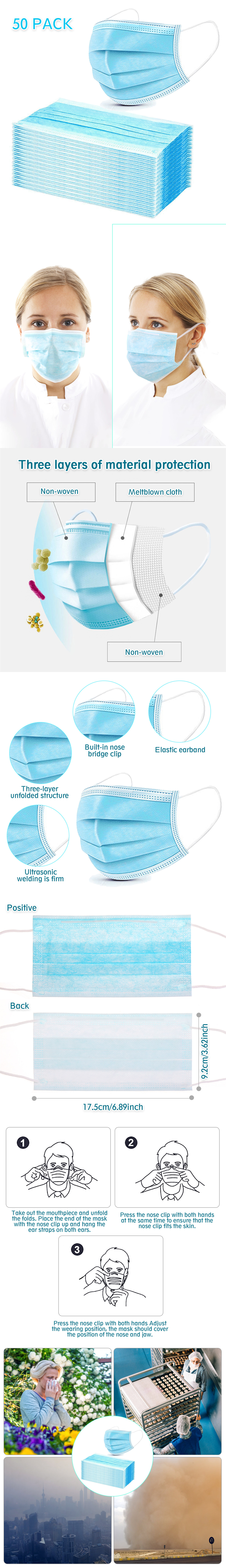50Pcs Disposable Mouth Face Masks Face 3-layer Respirator Mask Dust-Proof Person