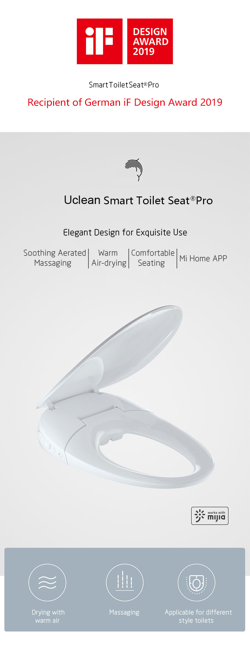 Xiaomi Uclean Whale Spout Smart Toilet Seat Pro with Mobile APP AU Version