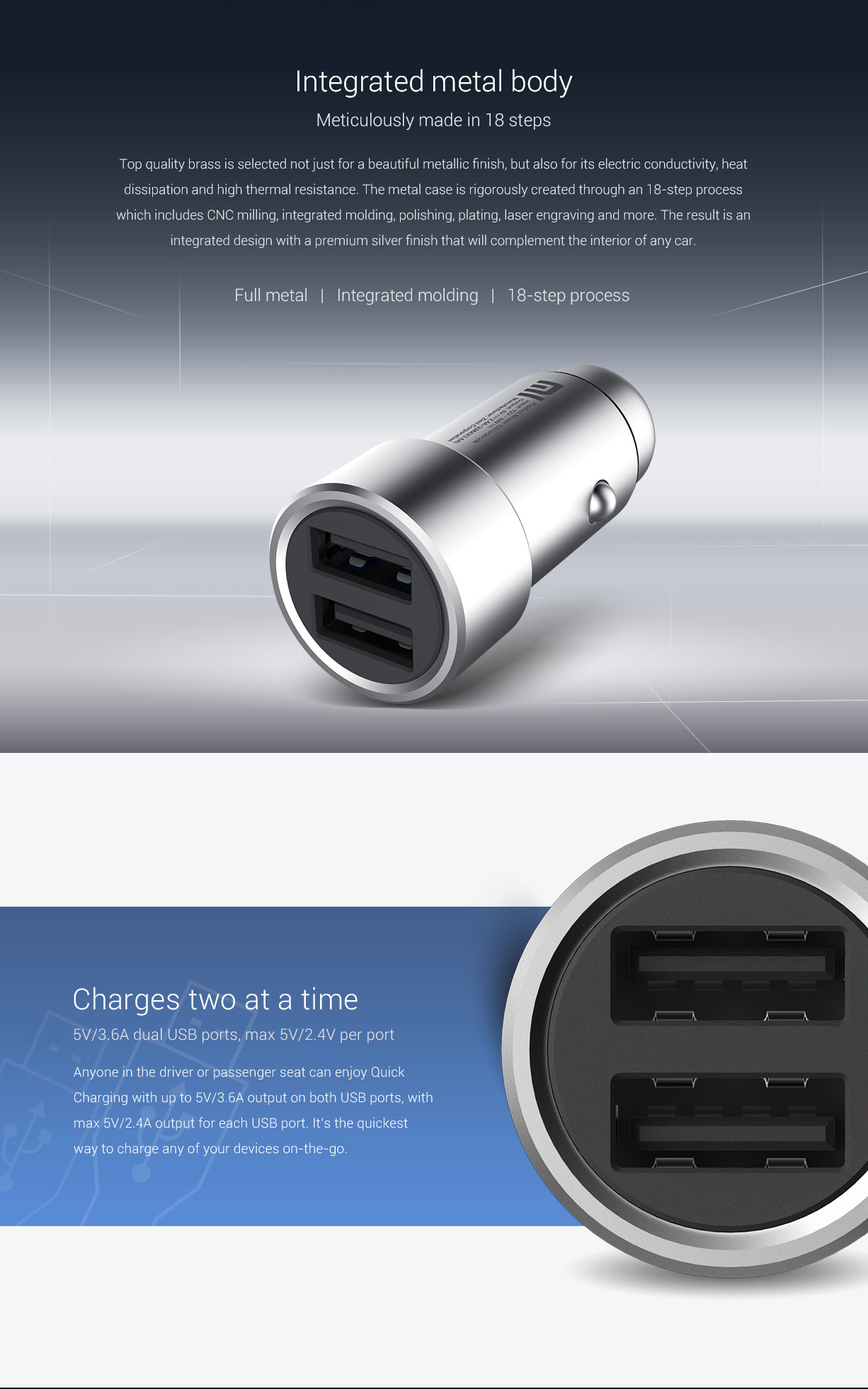 Mi Car Charger (3.6A Fast Charging) Metal Style - SILVER